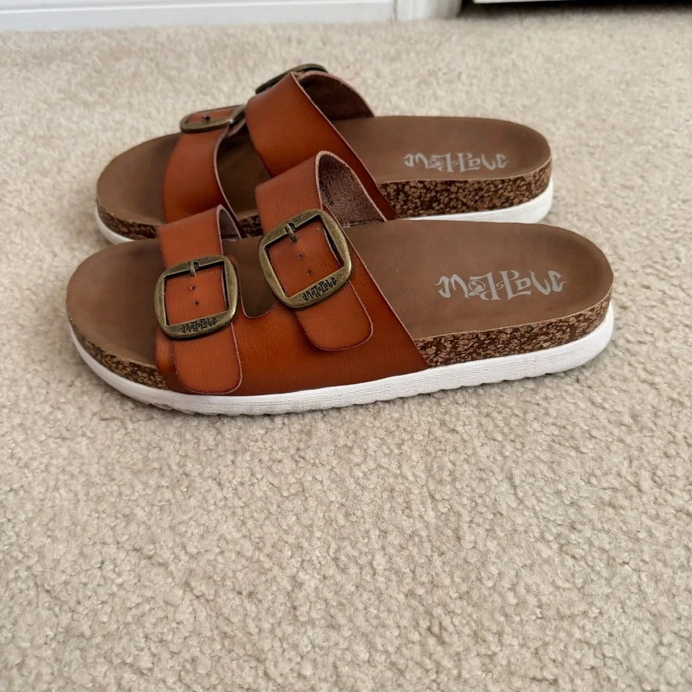 Mad Love Cognac Brown Double Strap Buckle Footbed Slide Sandals Womens 9